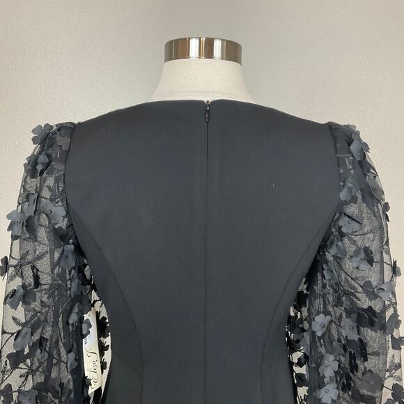Eliza J Black Long Sleeve Cocktail Dress Size 6 Black 3D Floral Midi Sheath - Picture 9 of 14
